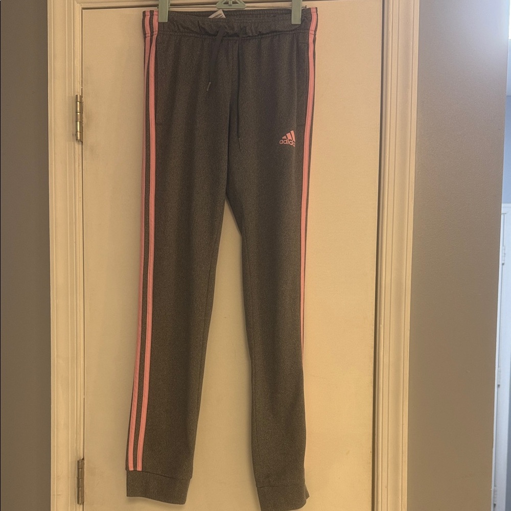 Adidas Women's Gray Joggers with Pink Stripes